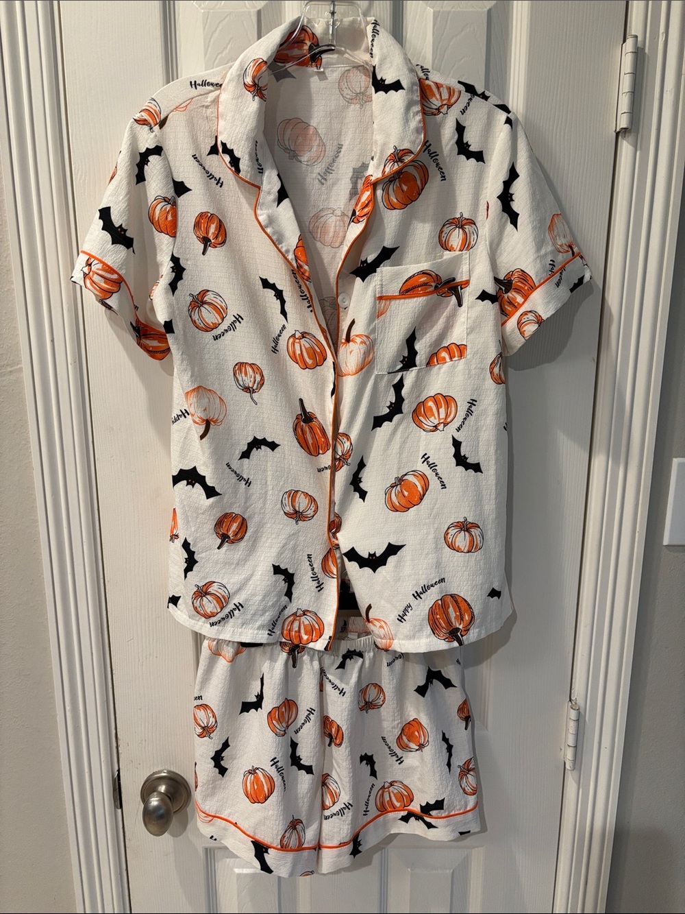 SHEIN White Halloween Pumpkin & Bat Short Pajama Set- Top and Bottom Medium